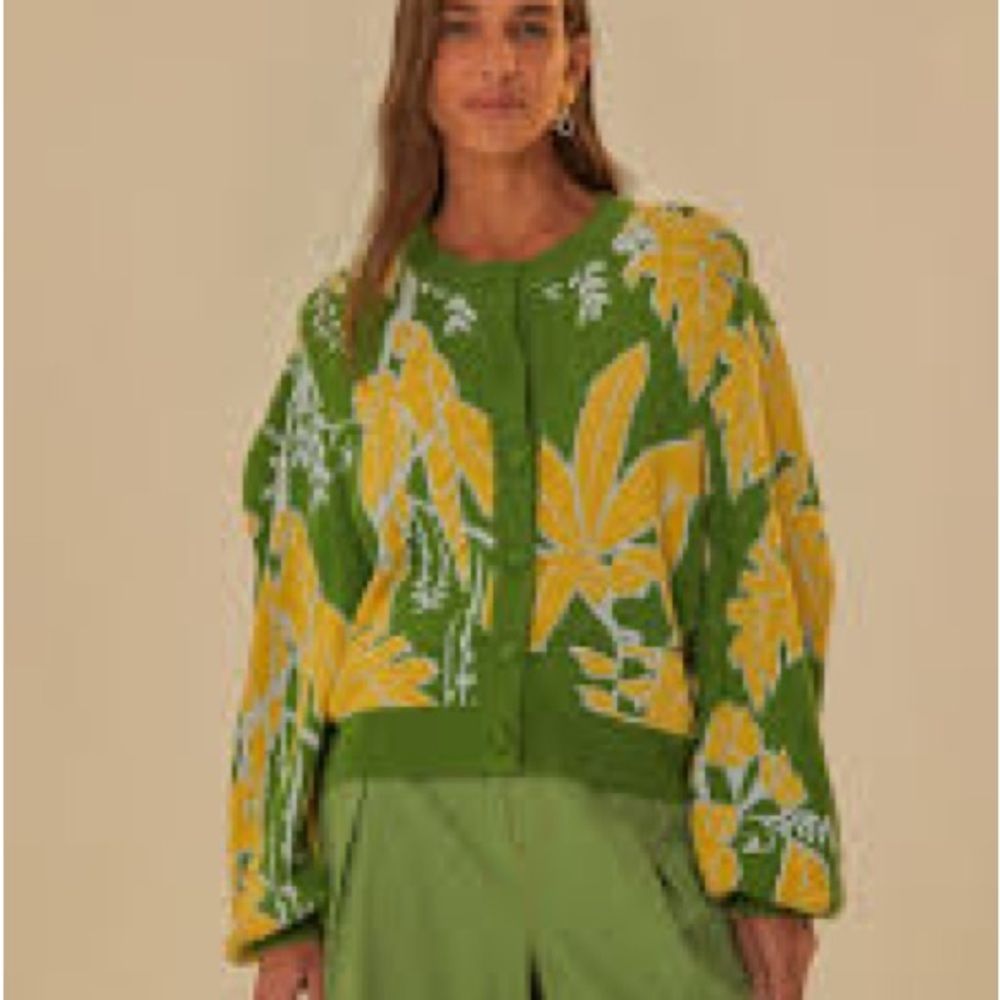 Farm Rio Small Foliage Sketch Knit Cardigan Sweater Green Yellow Preppy $220 New - Picture 4 of 8